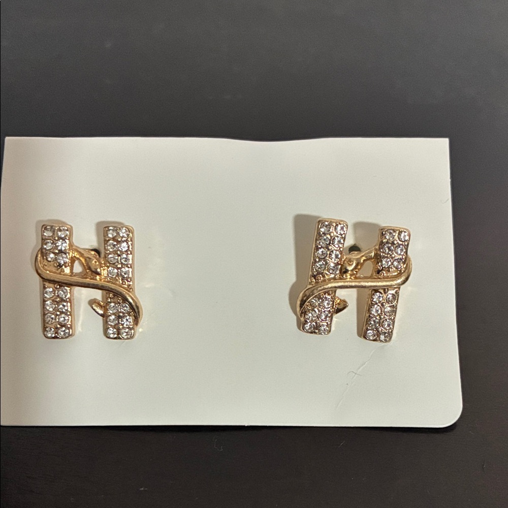 Hermes Gold Crystal 'H' Stud Earrings